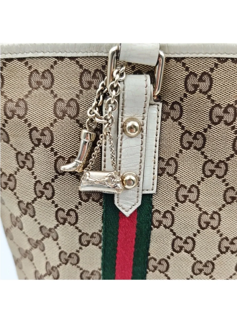 Gucci Beige GG Canvas Tote with Green-Red Stripe - Picture 8 of 14